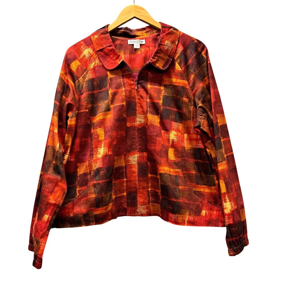 Pendleton Jacket‎ Womens XL Full Zip Orange Abstract Art to Wear Cotton Blend